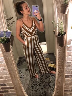 Altar'd State Brown & White Striped Wide-Leg Jumpsuit